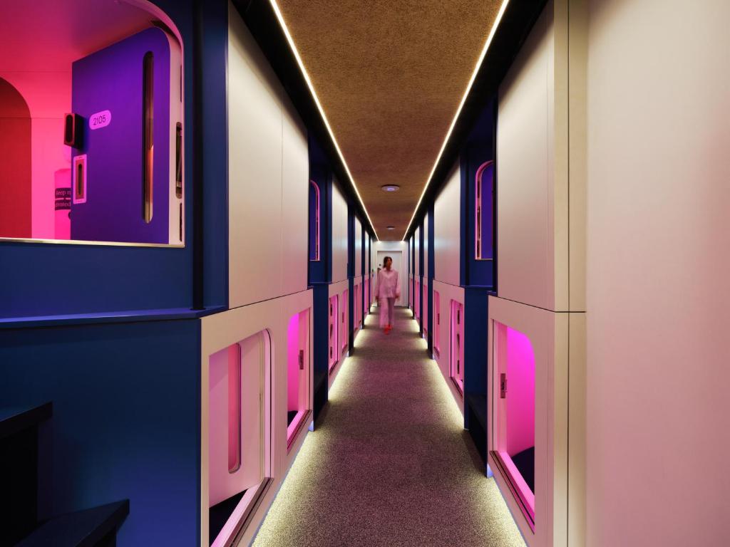 Outside the pod or capsule in a capsule hotel, you're back in a shared environment. 
